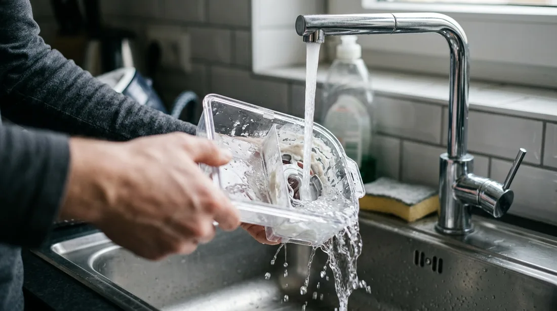 Herausgezogener Kalkauffangbehälter einer Dampfbügelstation wird unter fließendem Wasser ausgespült