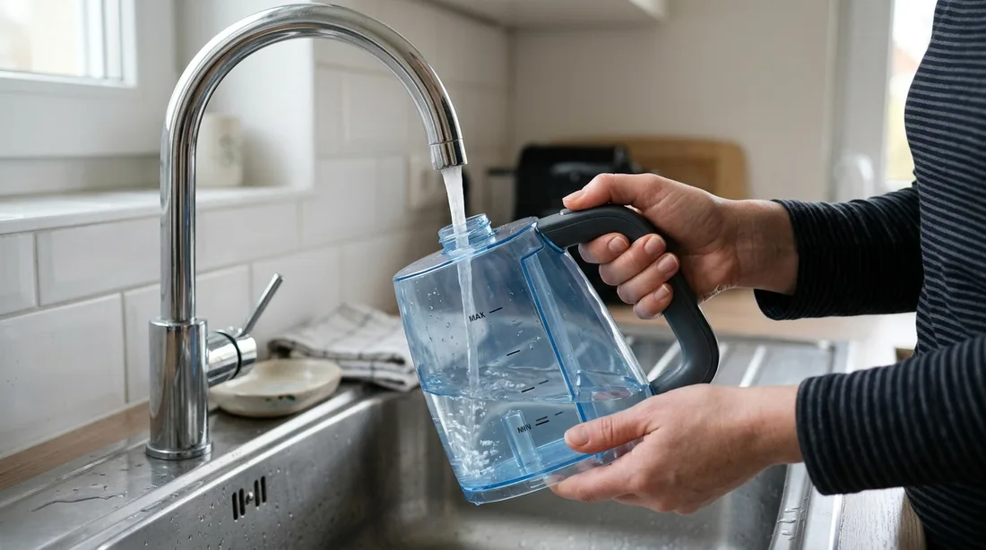 Abnehmbarer Wassertank einer Dampfbügelstation wird am Wasserhahn befüllt